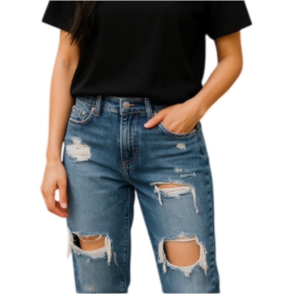 GARAGE Boyfriend Jeans Distressed Blue Light Wash Fray Hem Baggy Mid Rise Size 5